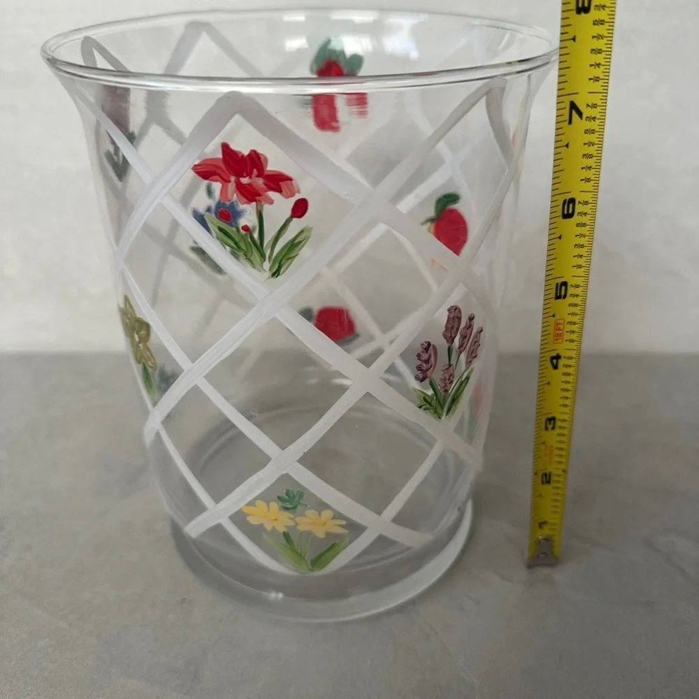 White Barn Candle Co Glass Flowers Fruit Painted Large Jar Holder 7.5” Tall New
